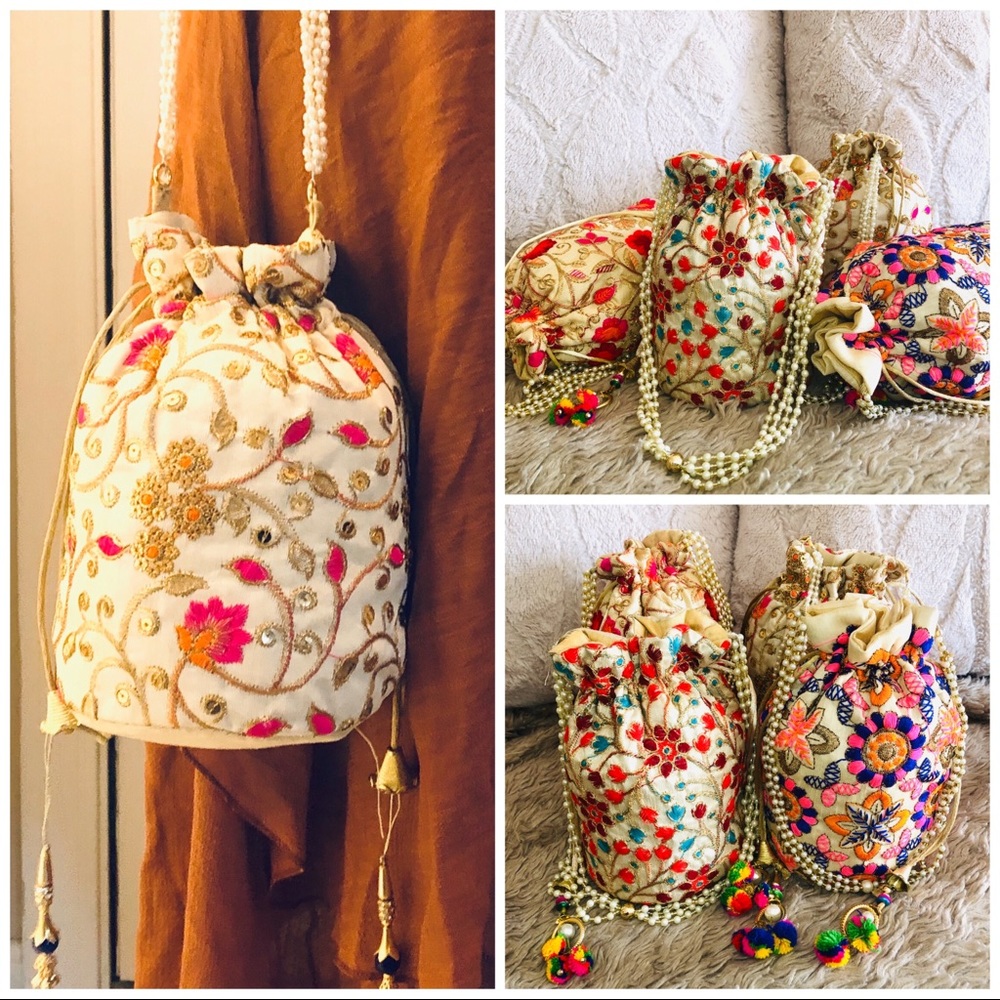 Boho Chic Hand Embroidered Drawstring Pouch Bag - Picture 2 of 7